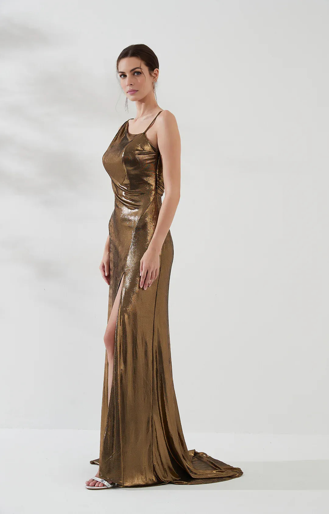 Sleek Mermaid Asymmetrical Sleeveless Metallic Floor-Length HighSlit Evening Dress