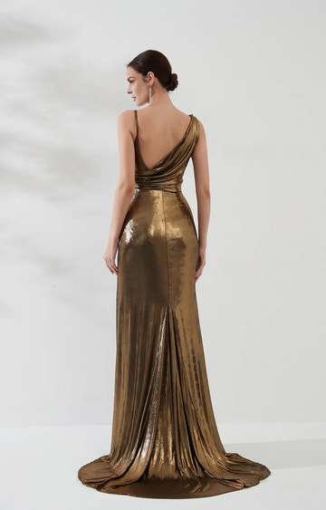 Sleek Mermaid Asymmetrical Sleeveless Metallic Floor-Length HighSlit Evening Dress