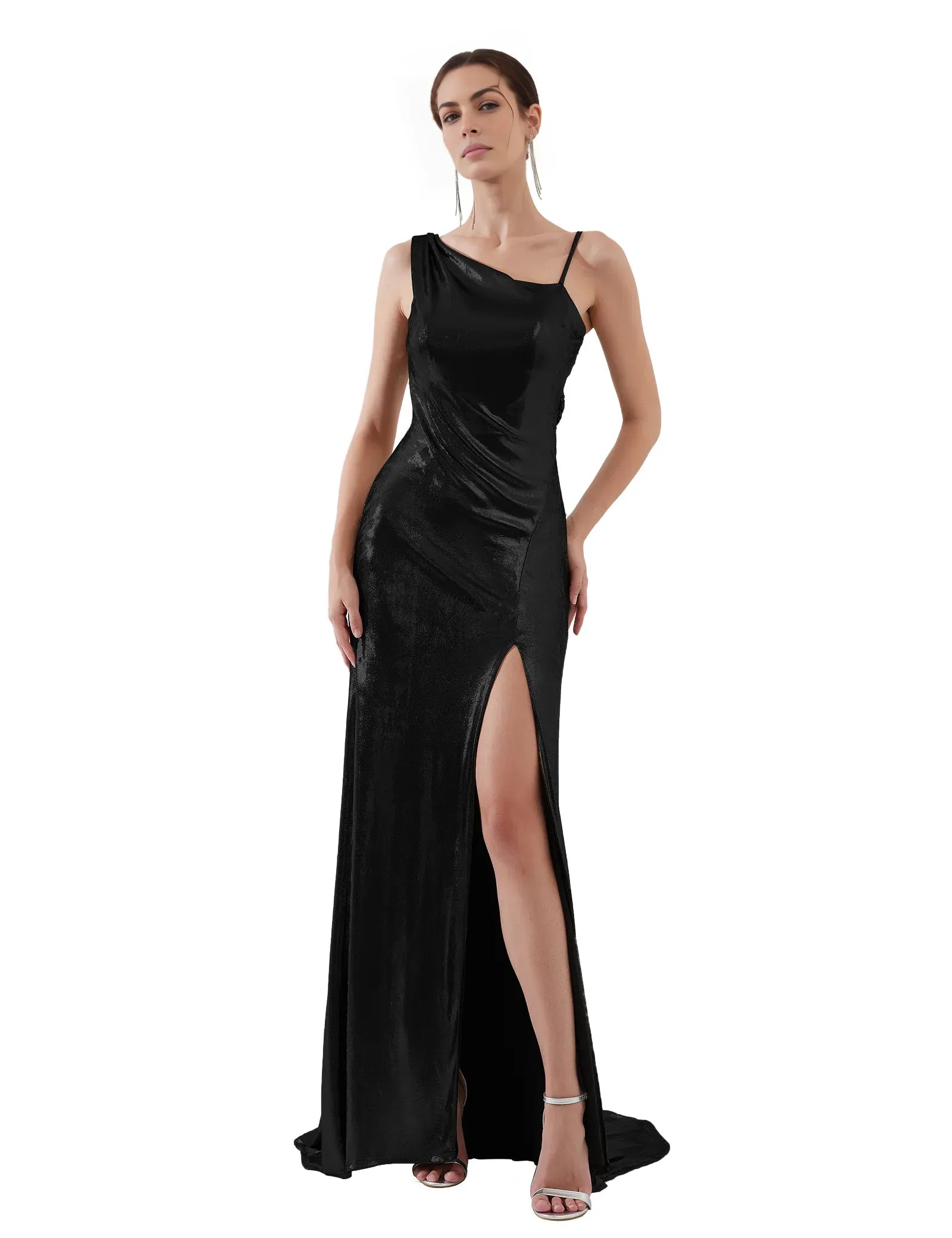 Sleek Mermaid Asymmetrical Sleeveless Metallic Floor-Length HighSlit Evening Dress