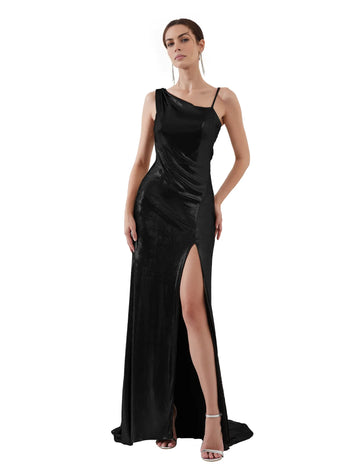 Sleek Mermaid Asymmetrical Sleeveless Metallic Floor-Length HighSlit Evening Dress