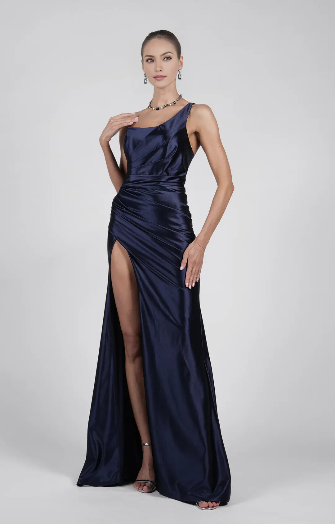 Sleek Mermaid Asymmetrical Sleeveless Satin Floor-Length HighSlit Evening Dress