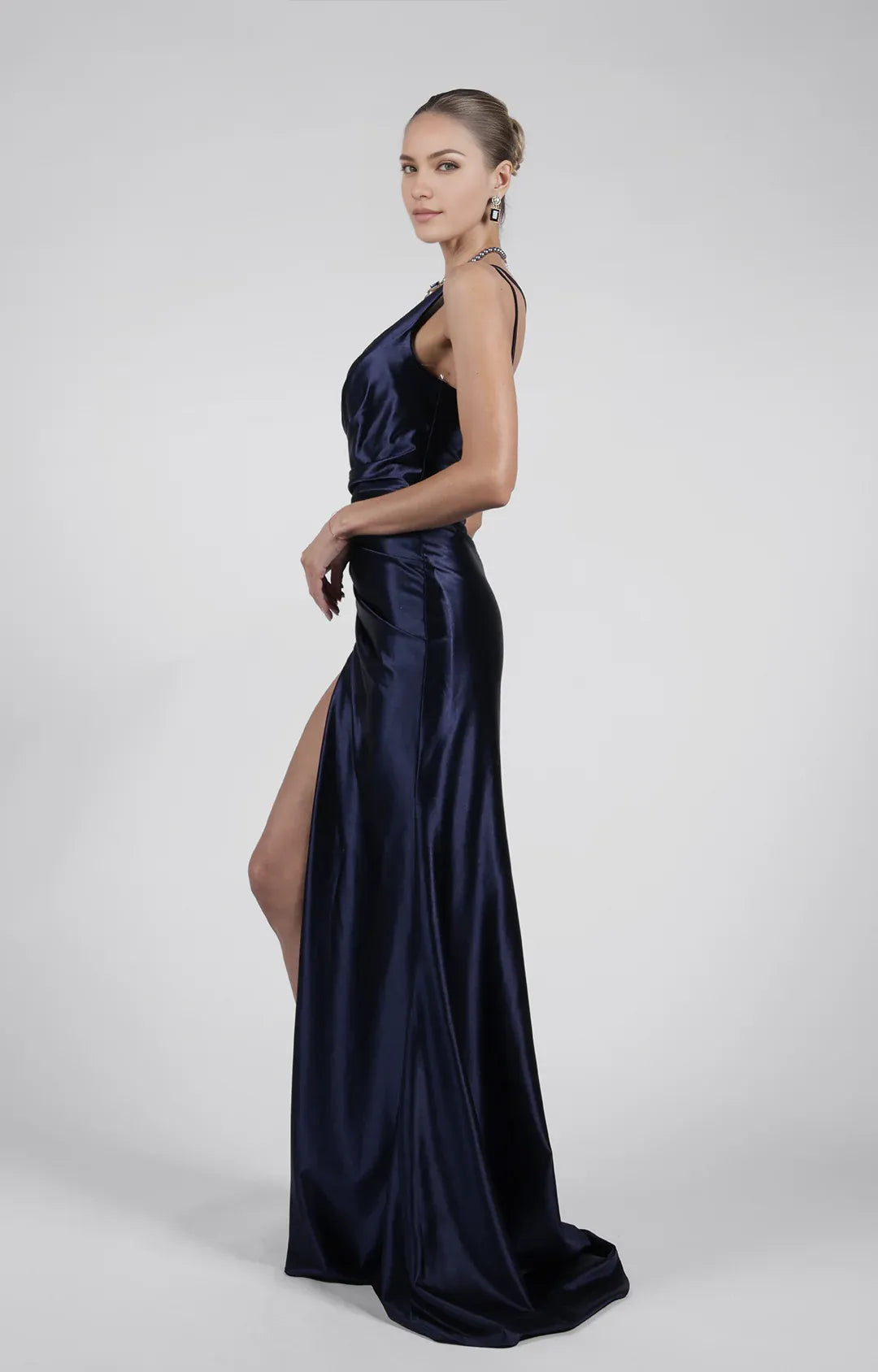 Sleek Mermaid Asymmetrical Sleeveless Satin Floor-Length HighSlit Evening Dress