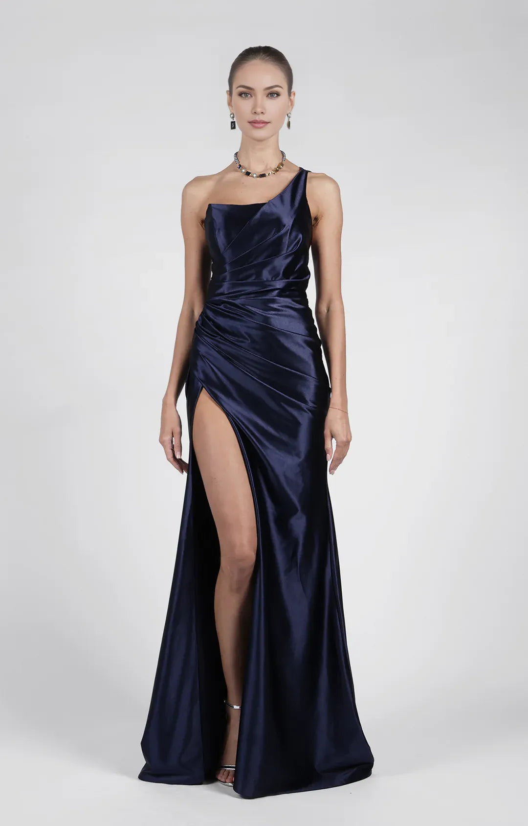 Sleek Mermaid Asymmetrical Sleeveless Satin Floor-Length HighSlit Evening Dress