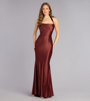 Sleek Mermaid Formal Halter Sleeveless Satin Maxi Lace-Up Backless Evening Gown