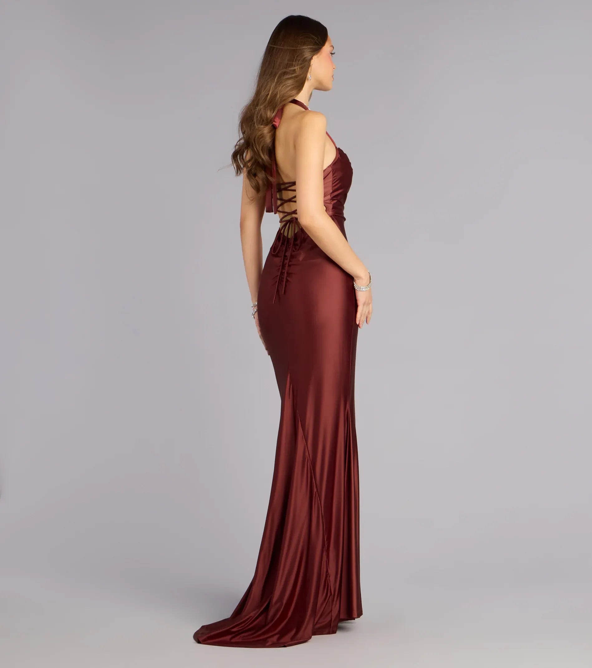 Sleek Mermaid Formal Halter Sleeveless Satin Maxi Lace-Up Backless Evening Gown