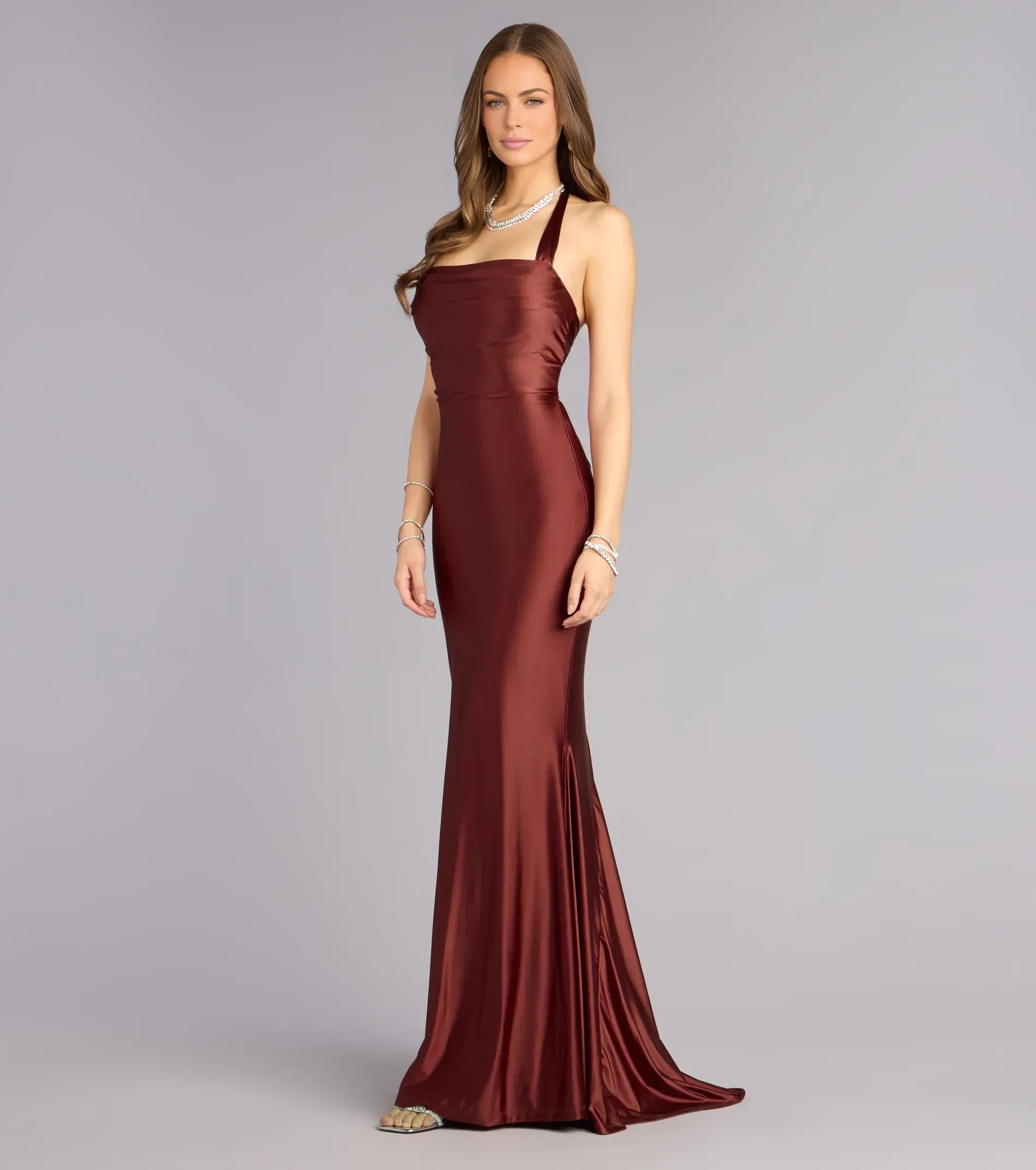 Sleek Mermaid Formal Halter Sleeveless Satin Maxi Lace-Up Backless Evening Gown
