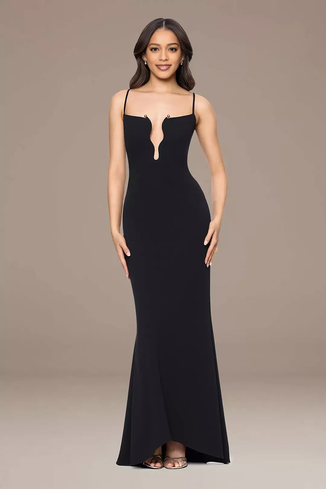 Sleek Mermaid Plunge Spaghetti Crepe Long Hardware Evening Dress