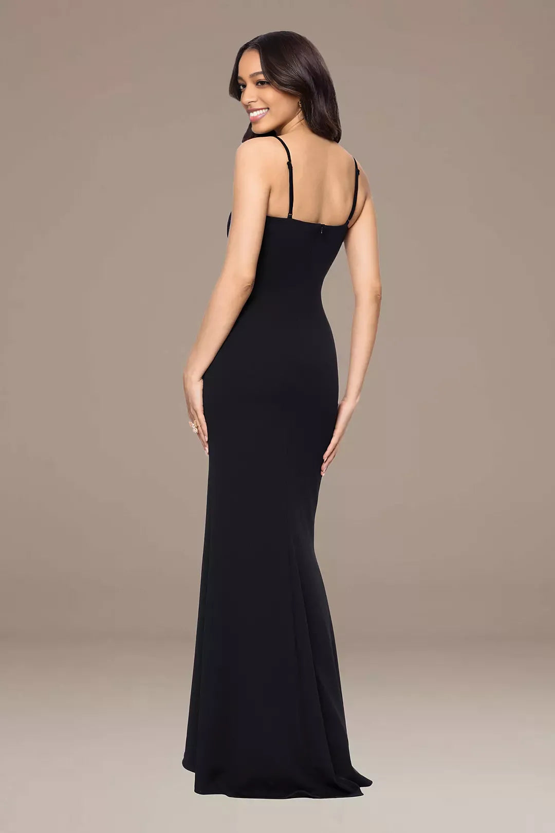 Sleek Mermaid Plunge Spaghetti Crepe Long Hardware Evening Dress