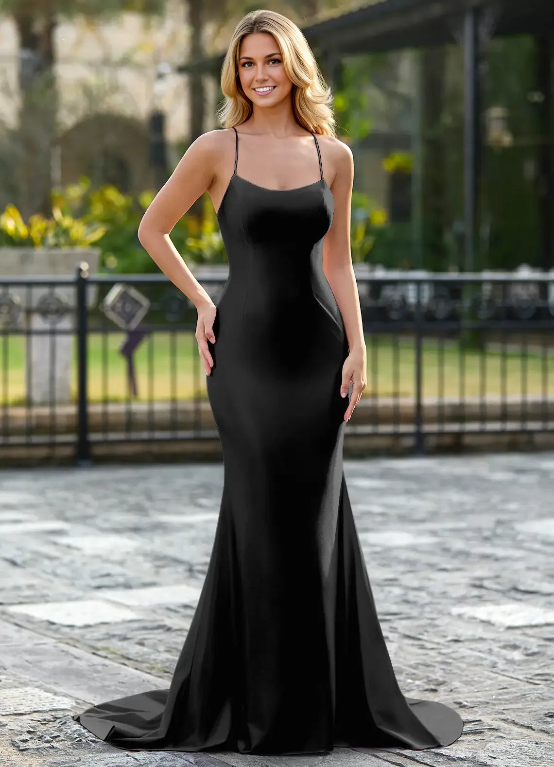 Sleek Mermaid Scoop Neck Satin Lace-Up Back Formal Evening Dress With Train