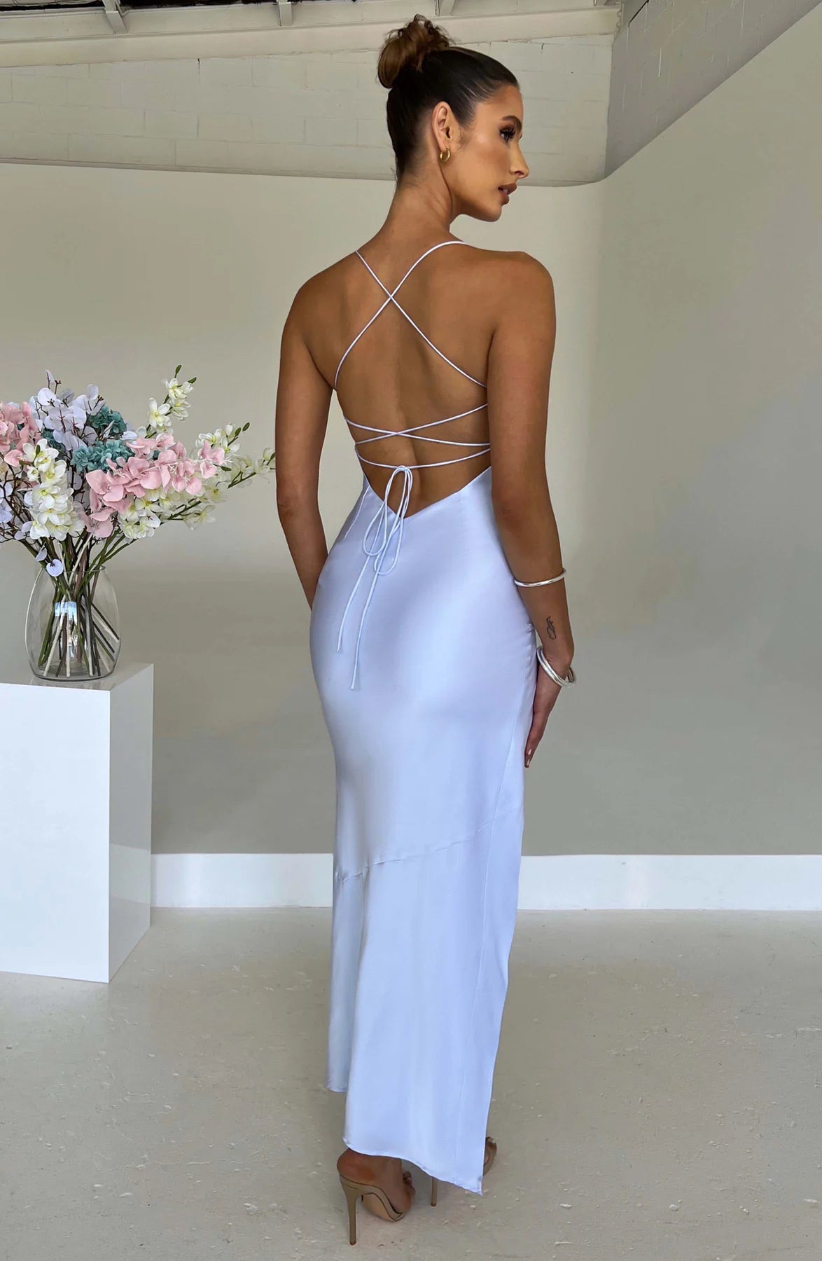 Sleek Mermaid Square Neck Sleeveless Satin Maxi Lace Up Backless Evening Gown