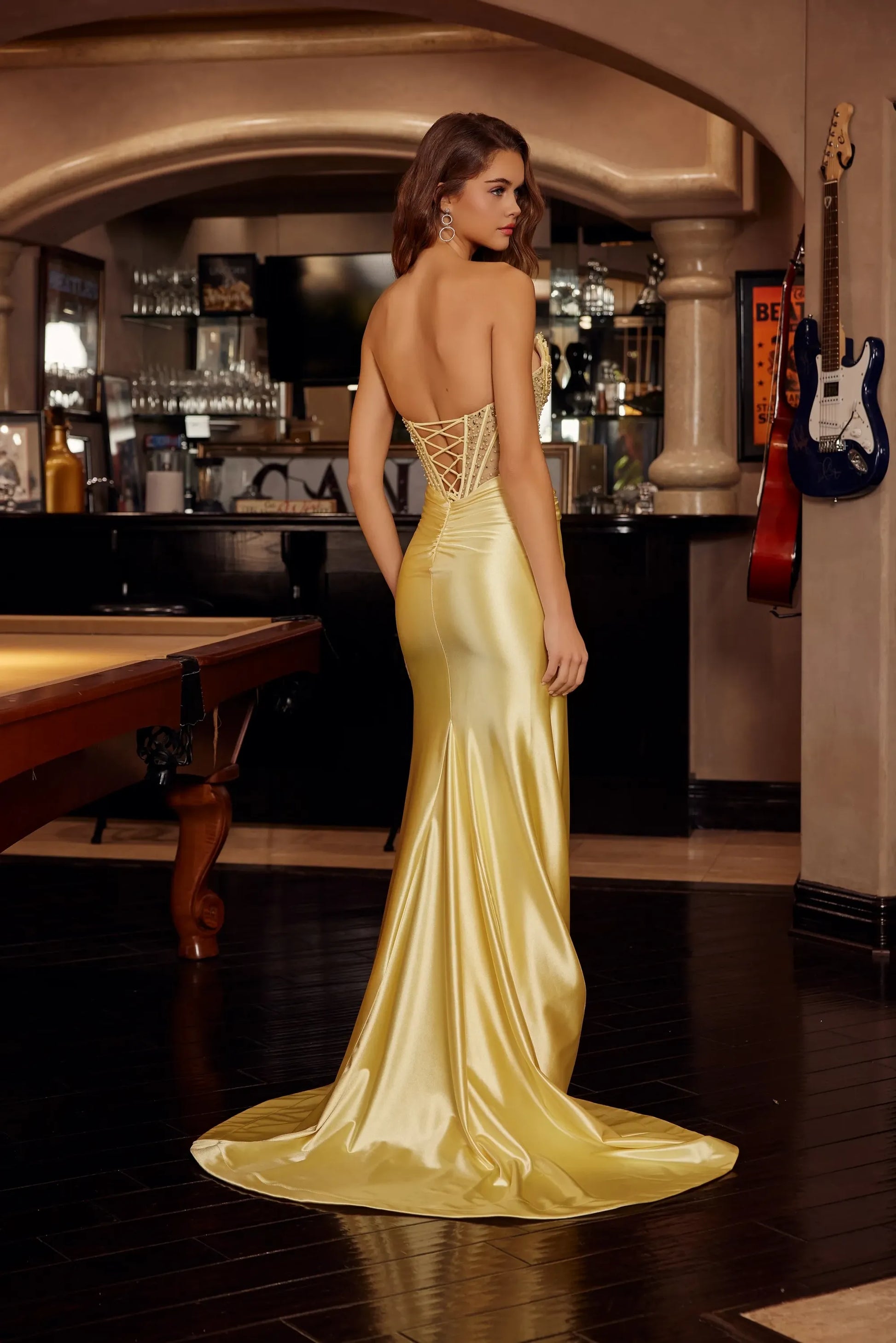 Sleek Mermaid Strapless Sleeveless Beaded Satin Long Corset Prom Dress