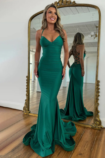 Sleek Mermaid VNeck Sleeveless Jersey Long LaceUp Ruched Prom Dress