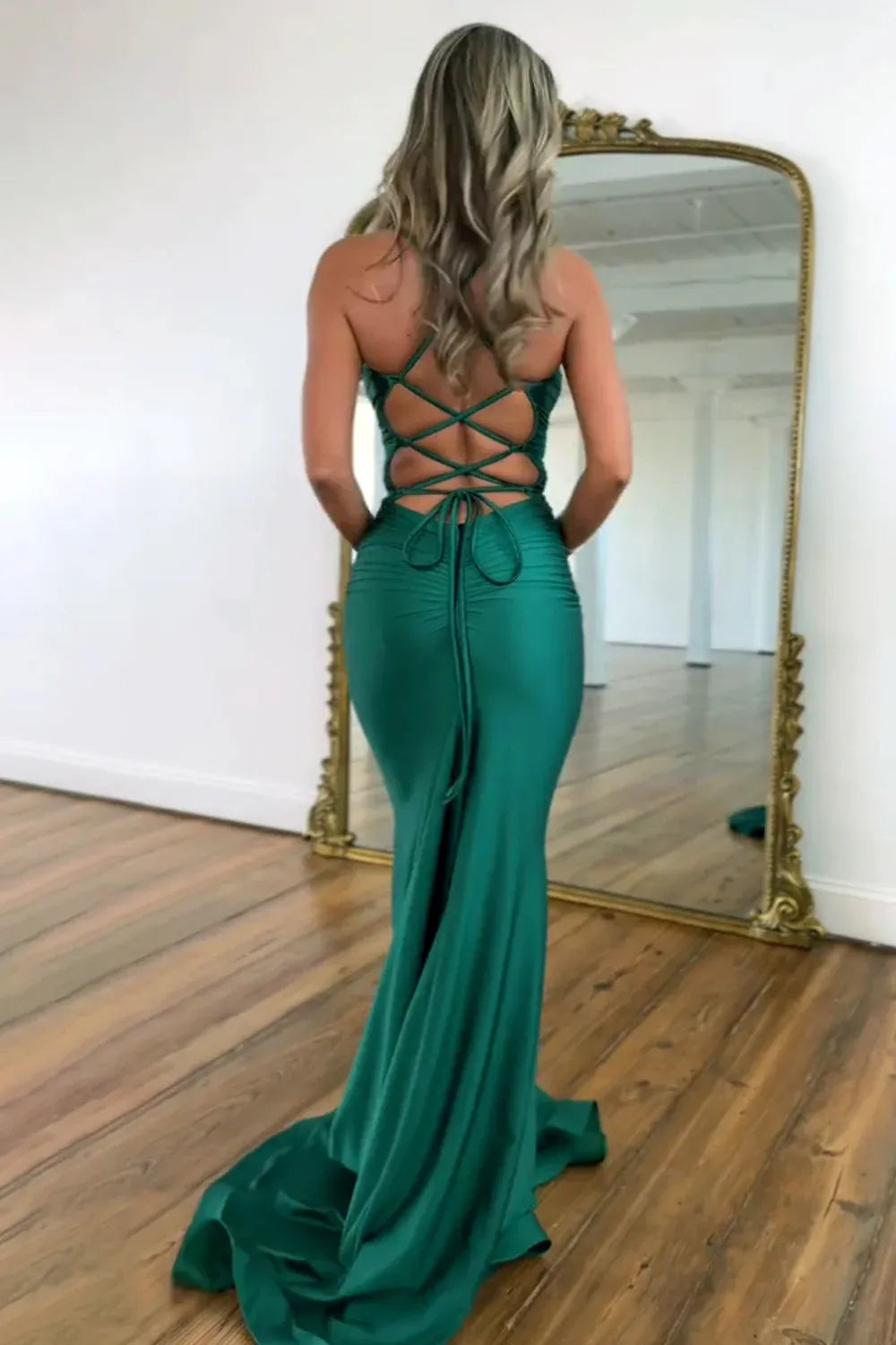 Sleek Mermaid VNeck Sleeveless Jersey Long LaceUp Ruched Prom Dress