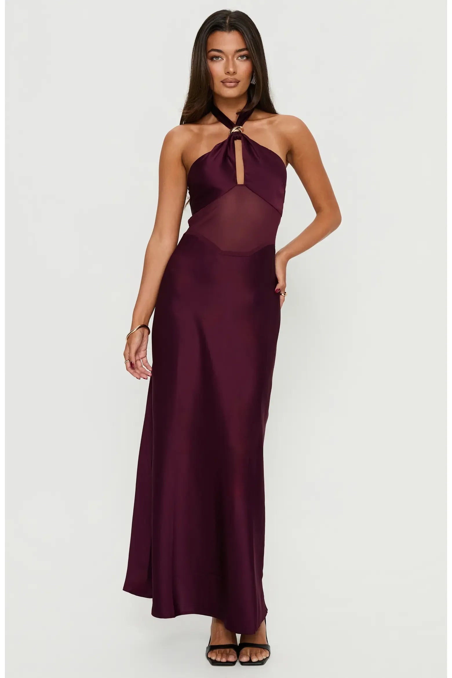 Sleek BodycoSleek Bodycon Halter Neck Sleeveless Satin Metal Ring Keyhole Mesh Cutout Back Tie Maxi Evening Dressn Halter Neck Sleeveless Satin Metal Ring Keyhole Mesh Cutout Back Tie Maxi Evening Dress