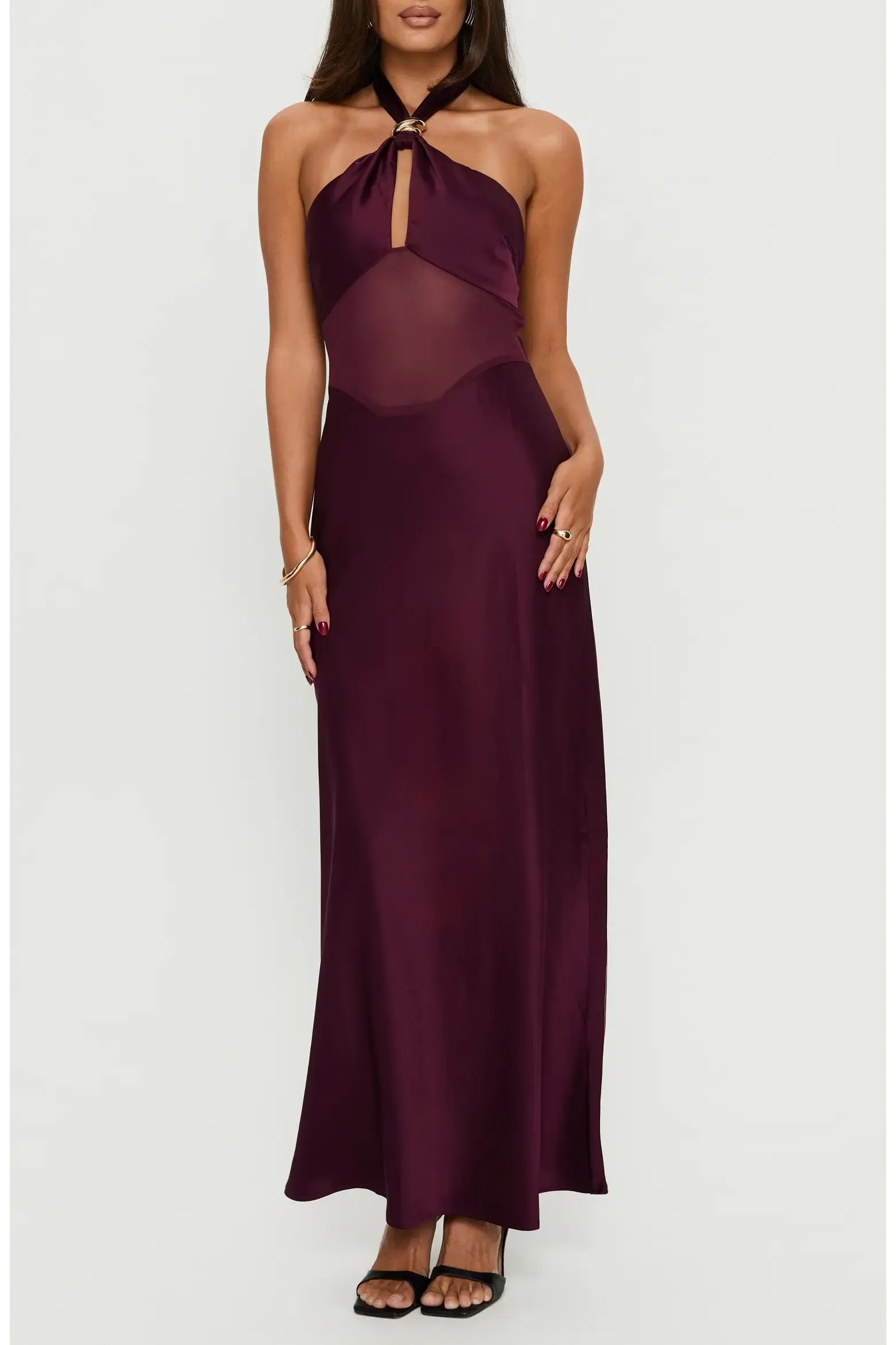 Sleek BodycoSleek Bodycon Halter Neck Sleeveless Satin Metal Ring Keyhole Mesh Cutout Back Tie Maxi Evening Dressn Halter Neck Sleeveless Satin Metal Ring Keyhole Mesh Cutout Back Tie Maxi Evening Dress
