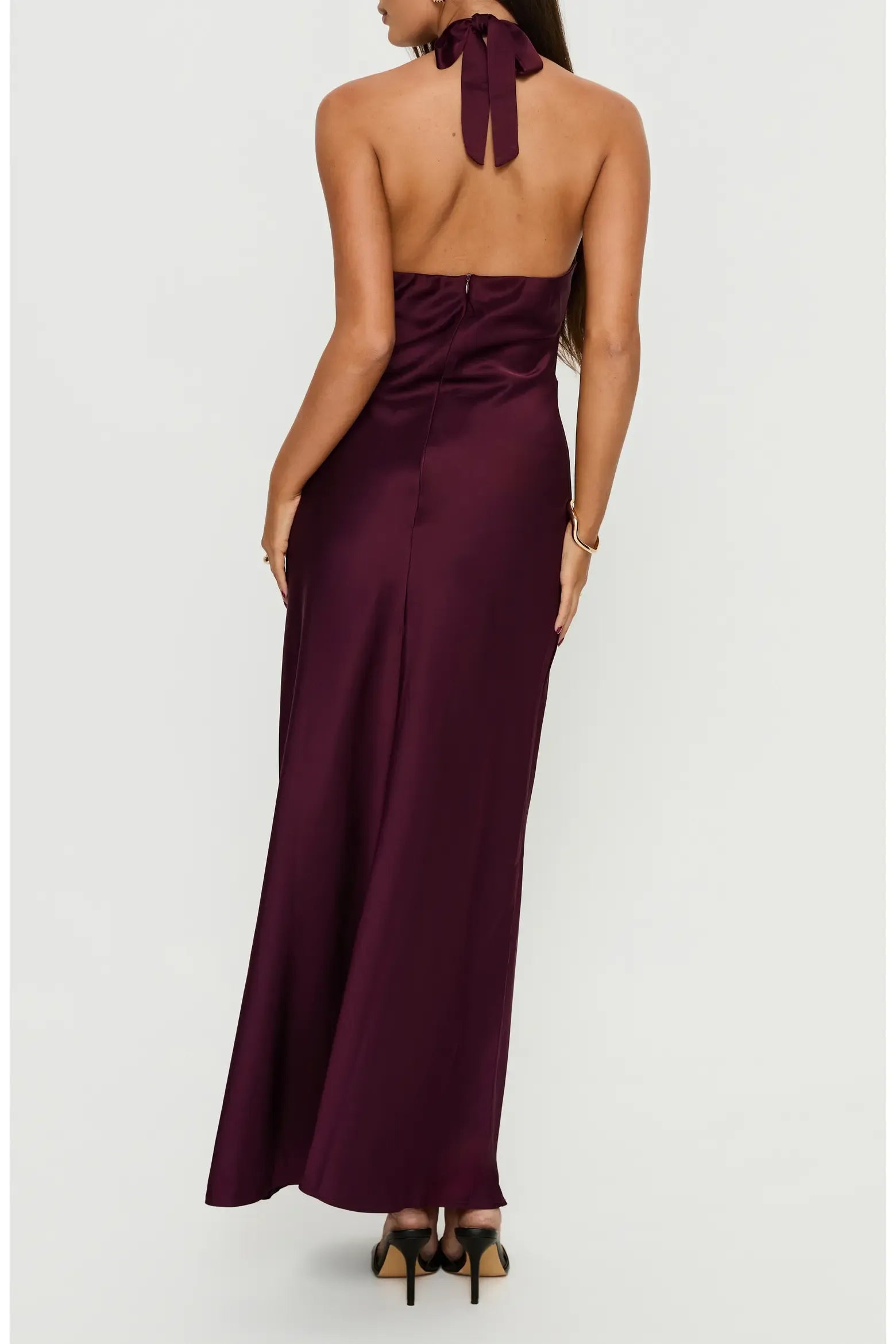 Sleek BodycoSleek Bodycon Halter Neck Sleeveless Satin Metal Ring Keyhole Mesh Cutout Back Tie Maxi Evening Dressn Halter Neck Sleeveless Satin Metal Ring Keyhole Mesh Cutout Back Tie Maxi Evening Dress