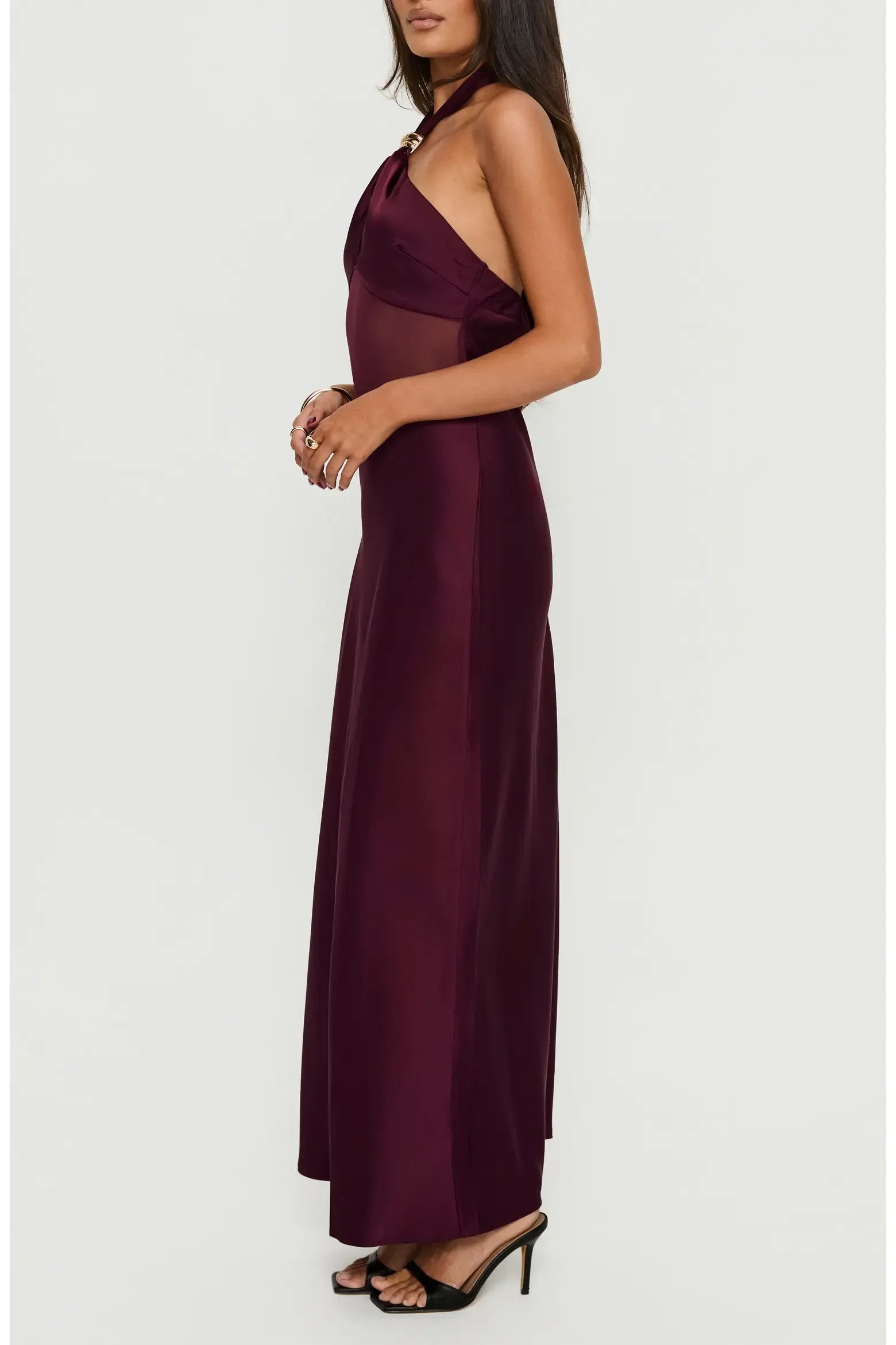 Sleek BodycoSleek Bodycon Halter Neck Sleeveless Satin Metal Ring Keyhole Mesh Cutout Back Tie Maxi Evening Dressn Halter Neck Sleeveless Satin Metal Ring Keyhole Mesh Cutout Back Tie Maxi Evening Dress