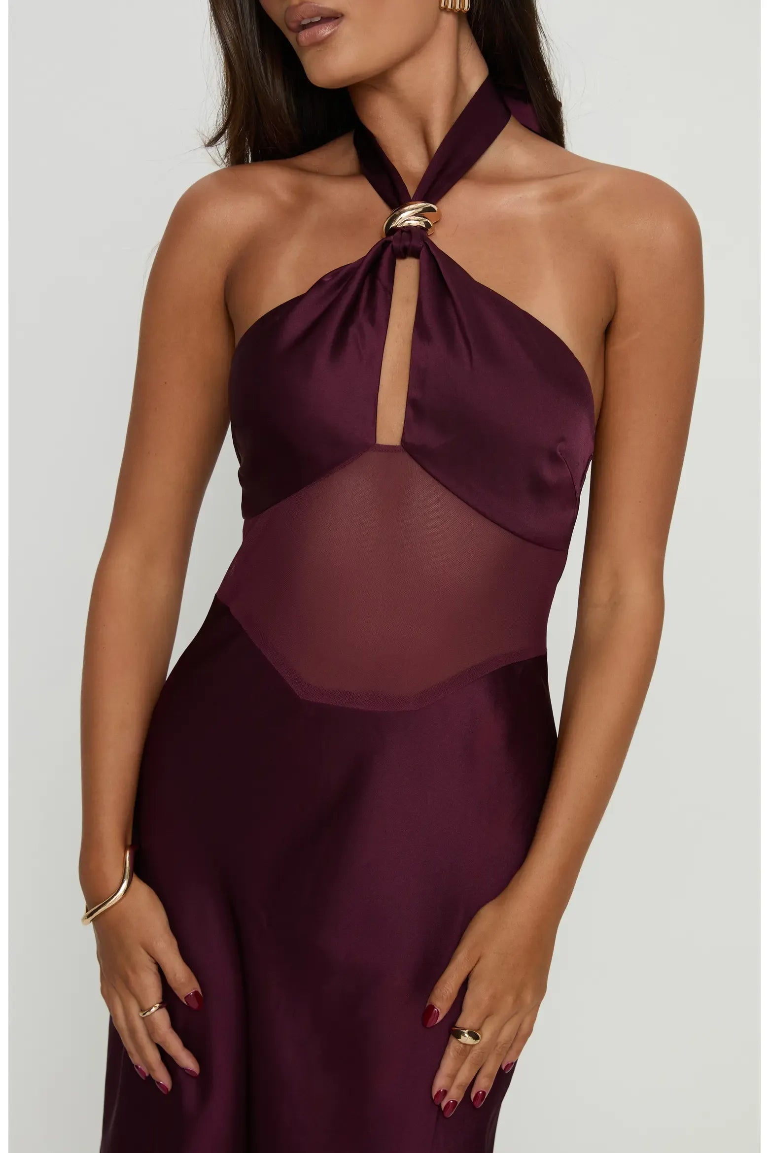Sleek BodycoSleek Bodycon Halter Neck Sleeveless Satin Metal Ring Keyhole Mesh Cutout Back Tie Maxi Evening Dressn Halter Neck Sleeveless Satin Metal Ring Keyhole Mesh Cutout Back Tie Maxi Evening Dress