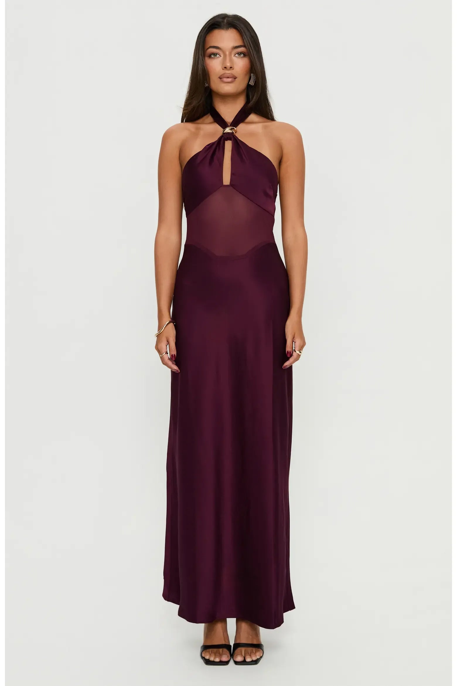 Sleek BodycoSleek Bodycon Halter Neck Sleeveless Satin Metal Ring Keyhole Mesh Cutout Back Tie Maxi Evening Dressn Halter Neck Sleeveless Satin Metal Ring Keyhole Mesh Cutout Back Tie Maxi Evening Dress