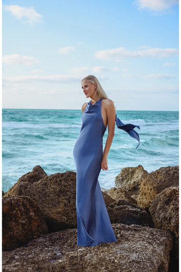 Sleek Mermaid Cowl Halter Sleeveless Satin Self Tie Bow Open Back Floor-Length Maxi Evening Dress