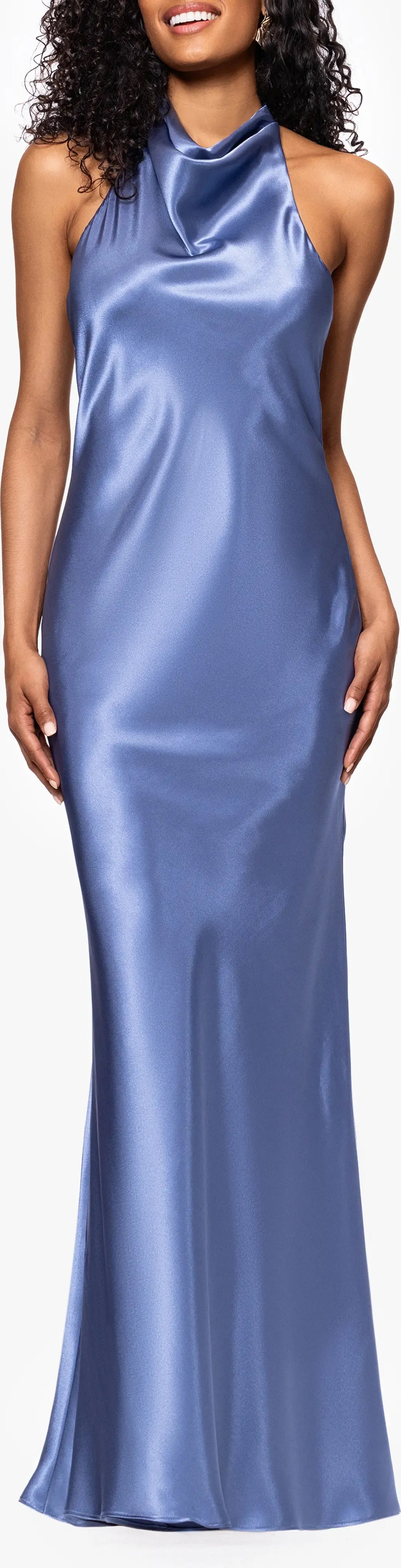 Sleek Mermaid Cowl Halter Sleeveless Satin Self Tie Bow Open Back Floor-Length Maxi Evening Dress