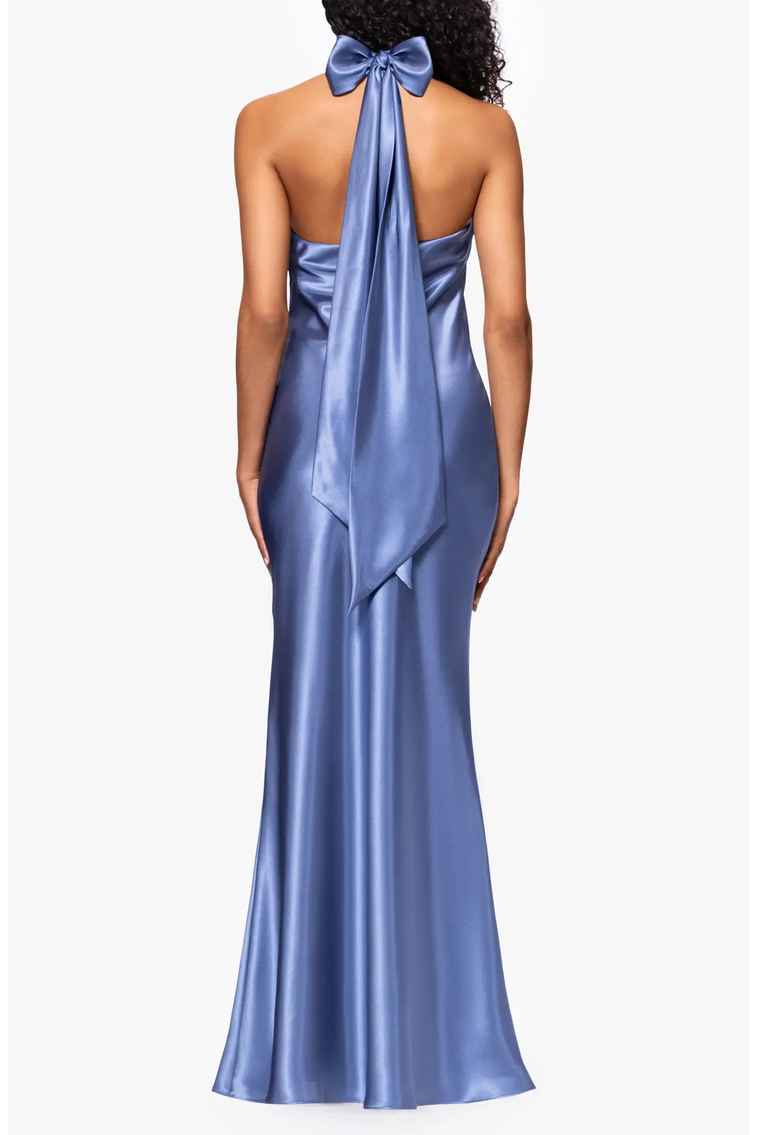 Sleek Mermaid Cowl Halter Sleeveless Satin Self Tie Bow Open Back Floor-Length Maxi Evening Dress