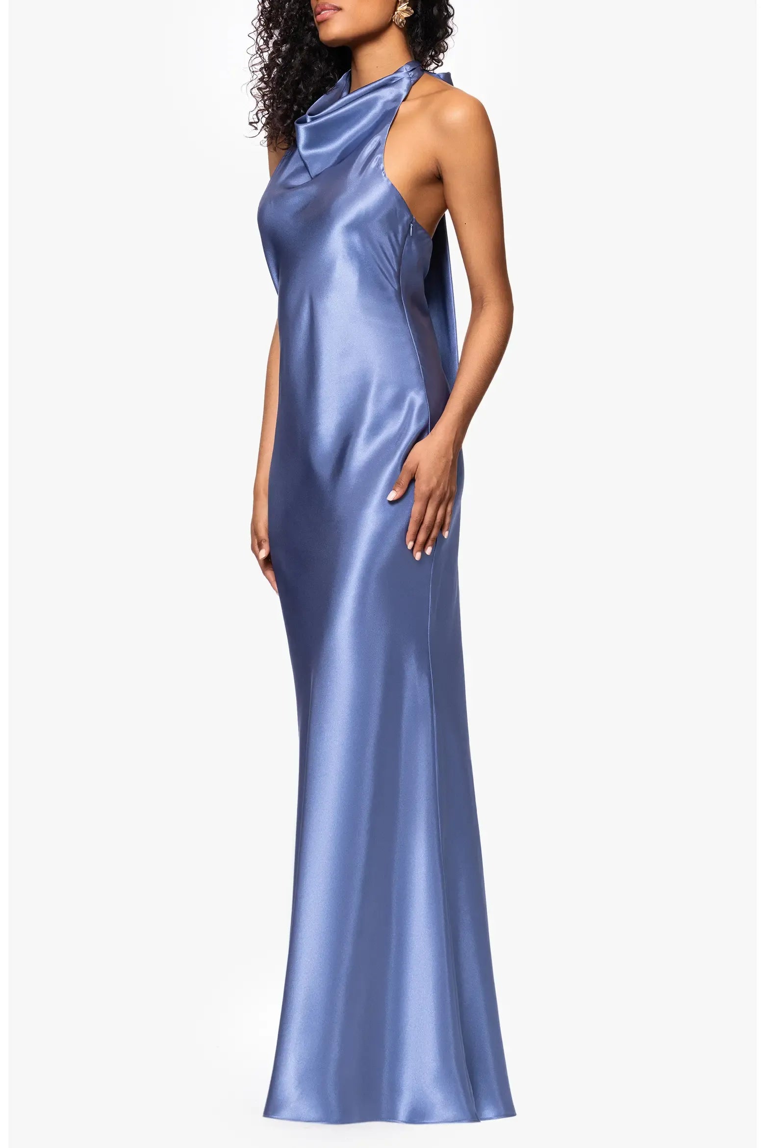 Sleek Mermaid Cowl Halter Sleeveless Satin Self Tie Bow Open Back Floor-Length Maxi Evening Dress
