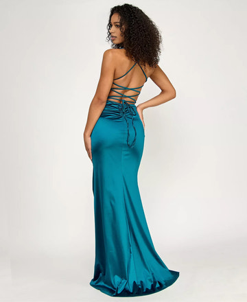 Sleeveless Sweetheart Satin Maxi Ruched Gown Prom Dress With Slit