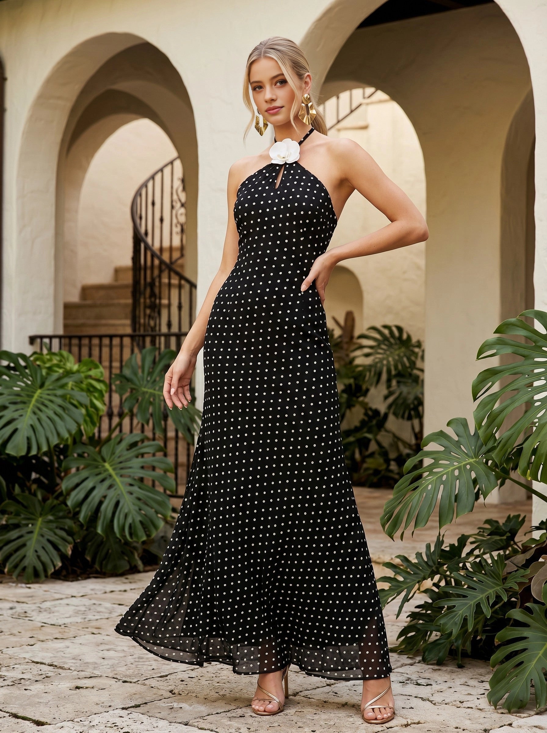 Vedress black white polka‑dot halter maxi bridesmaid gown with orchid flower decor