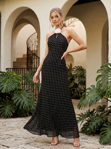 Vedress black white polka‑dot halter maxi bridesmaid gown with orchid flower decor