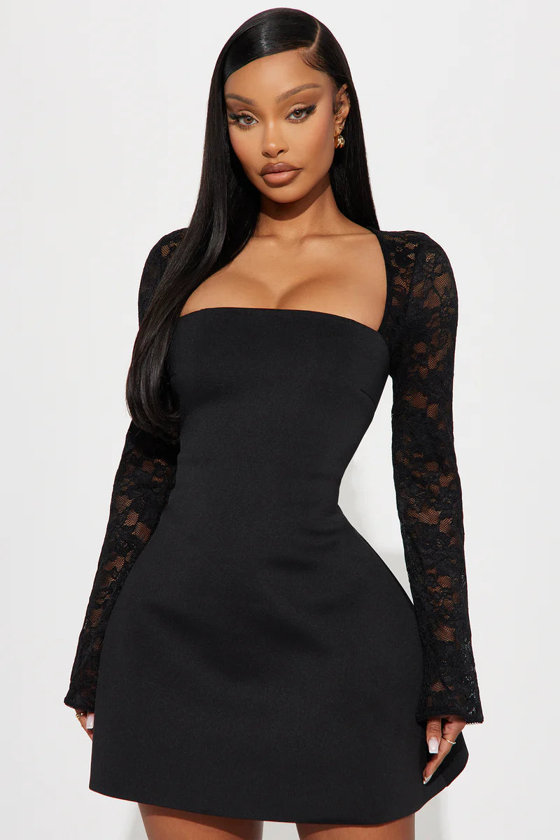 Square Neck Lace Long Sleeve Mini Bodycon Party Homecoming Dress