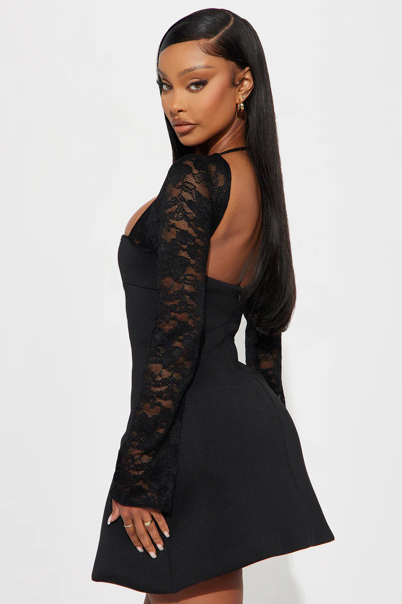 Square Neck Lace Long Sleeve Mini Bodycon Party Homecoming Dress