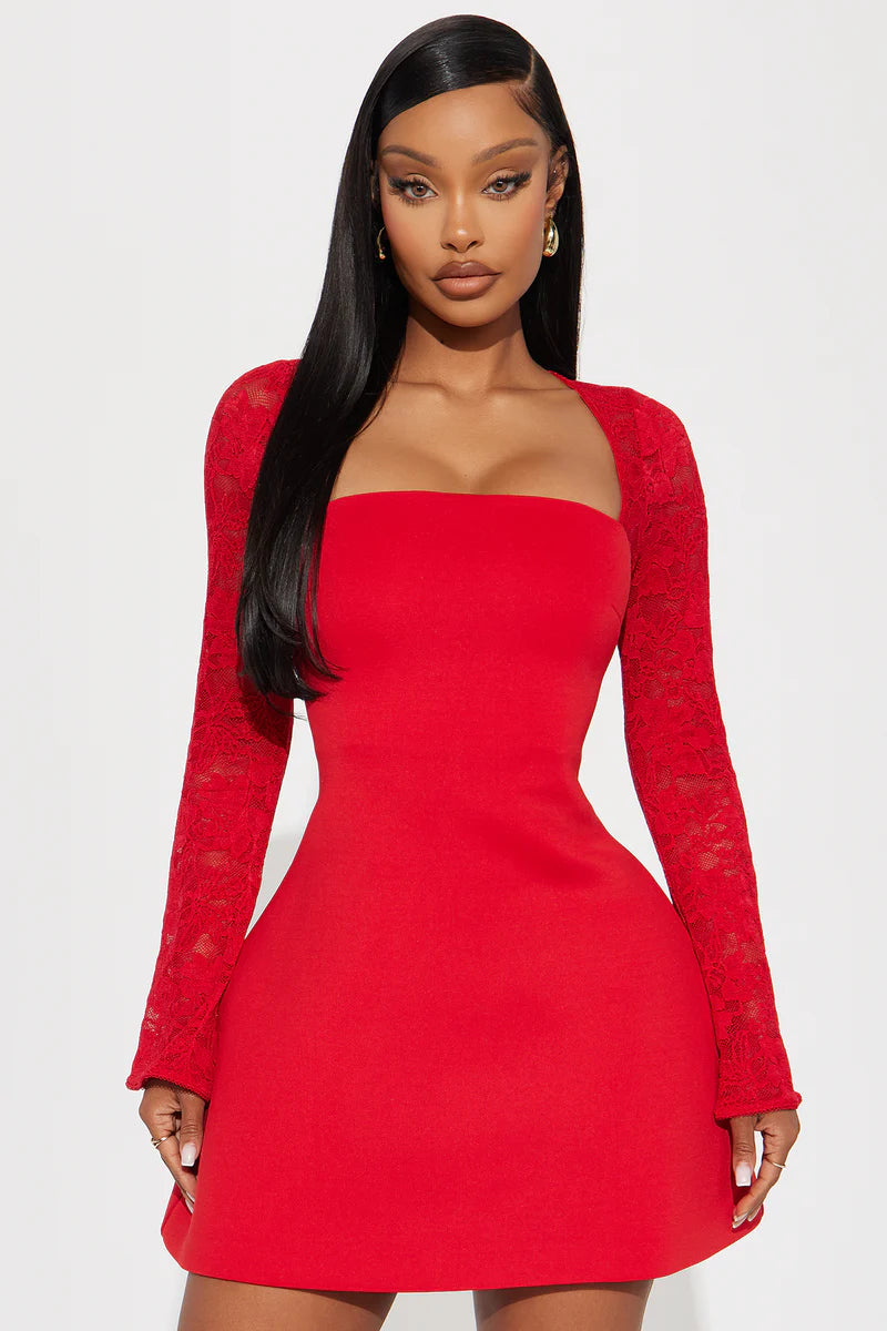 Square Neck Lace Long Sleeve Mini Bodycon Party Homecoming Dress