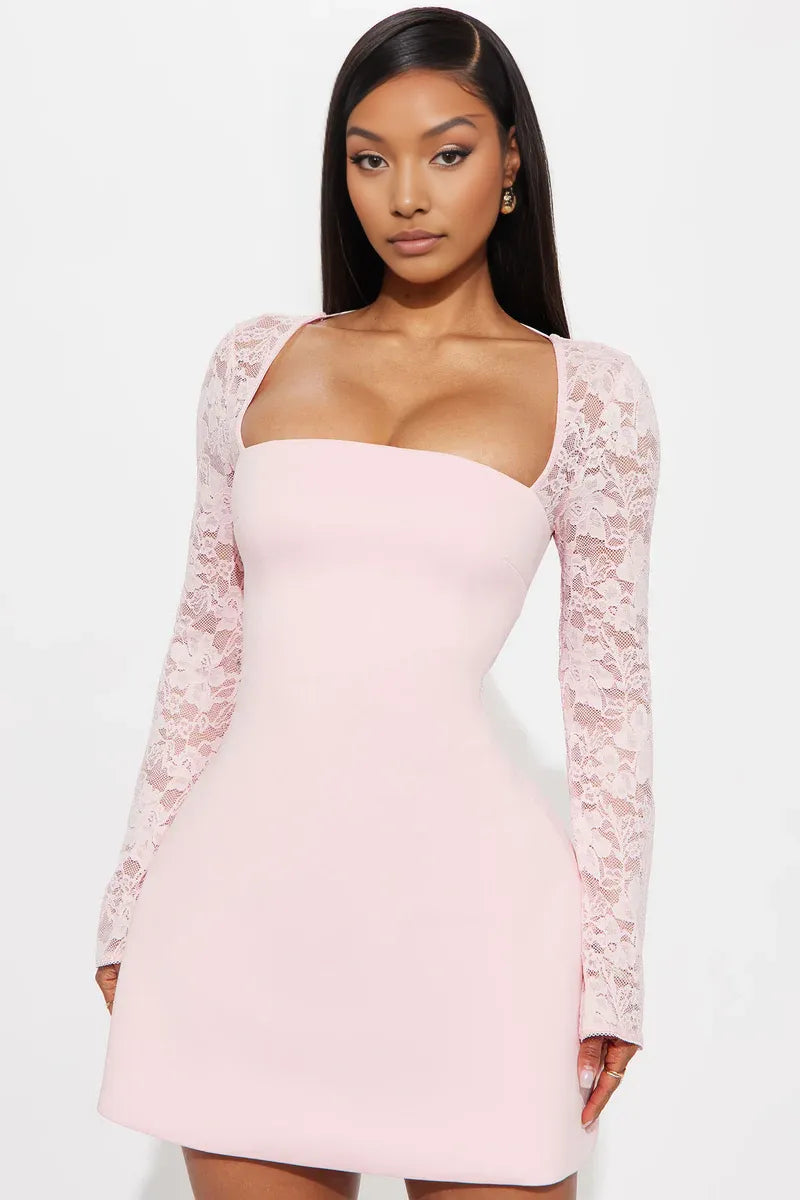Square Neck Lace Long Sleeve Mini Bodycon Party Homecoming Dress