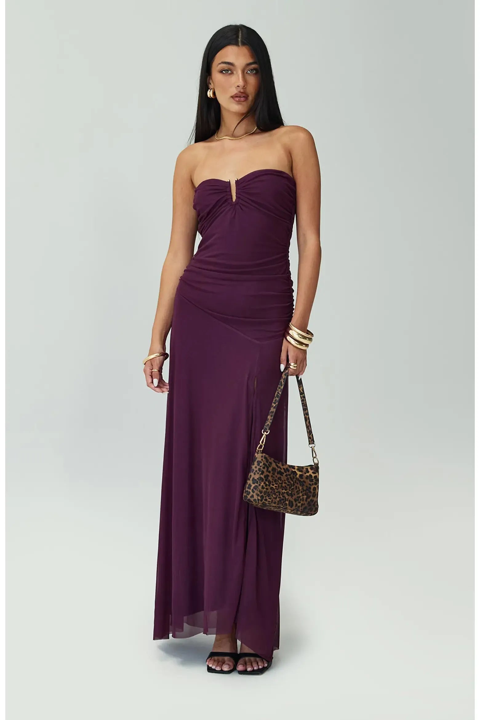Slimming Strapless Keyhole Ruched Mesh Overlay Thigh Slit Floor-Length Maxi Evening Dress