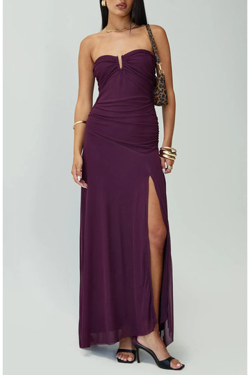 Slimming Strapless Keyhole Ruched Mesh Overlay Thigh Slit Floor-Length Maxi Evening Dress