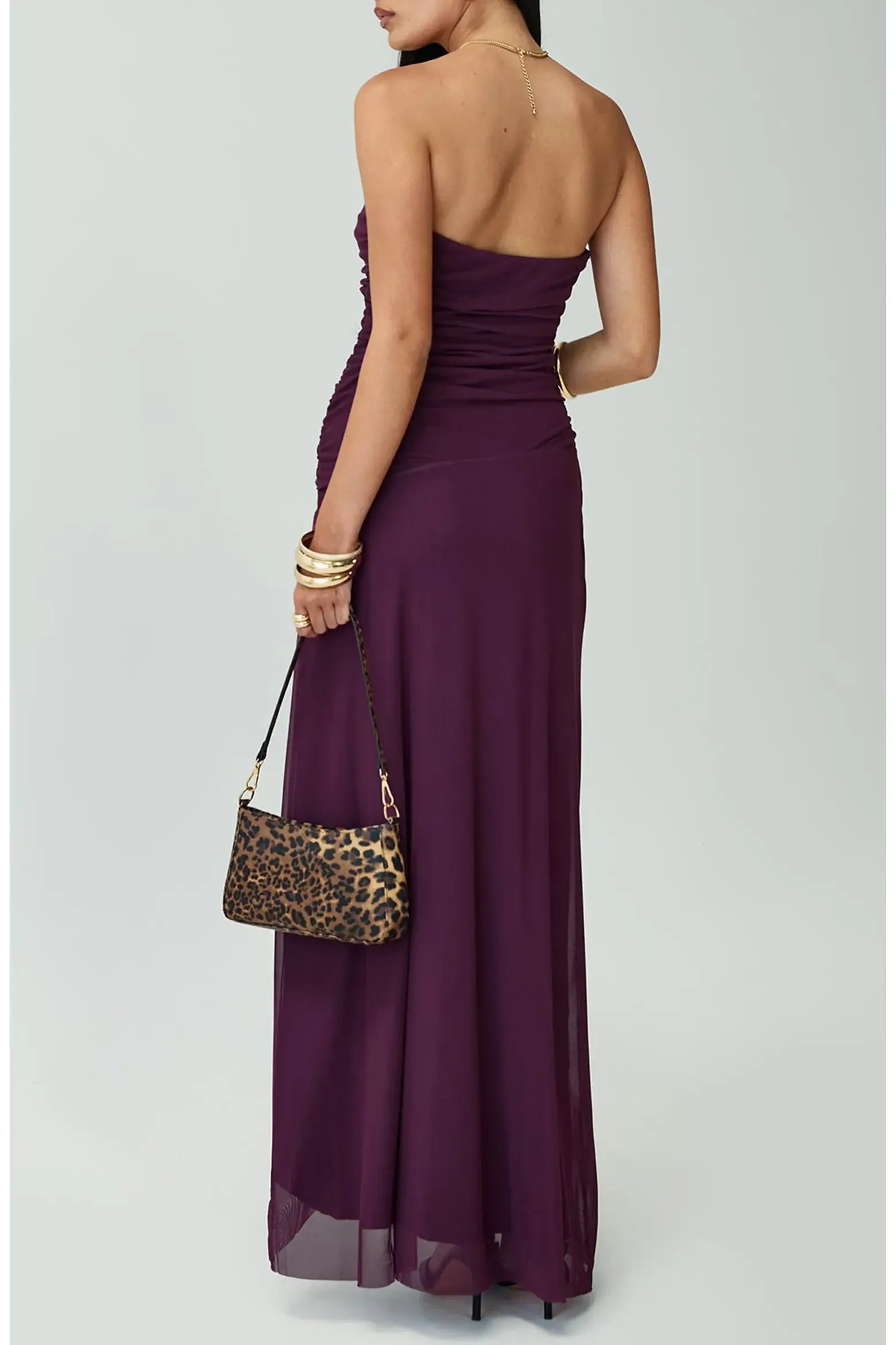 Slimming Strapless Keyhole Ruched Mesh Overlay Thigh Slit Floor-Length Maxi Evening Dress