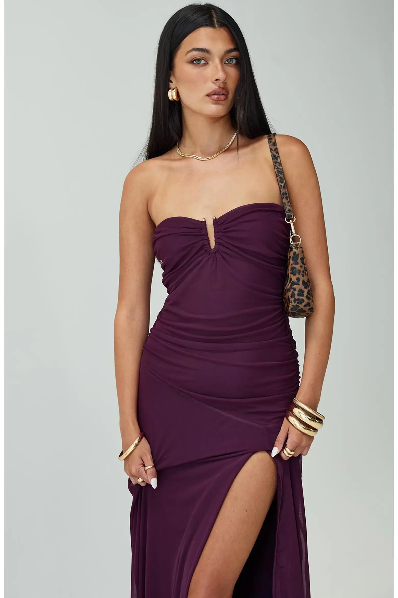 Slimming Strapless Keyhole Ruched Mesh Overlay Thigh Slit Floor-Length Maxi Evening Dress