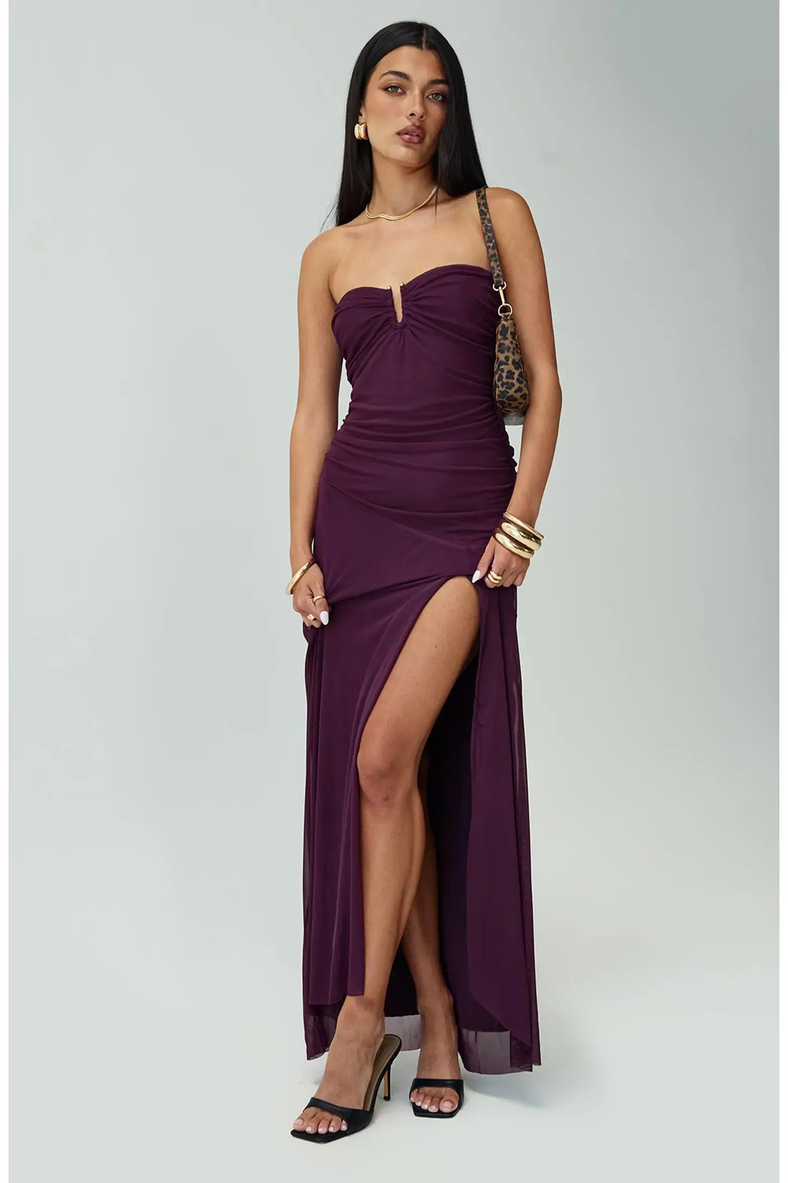 Slimming Strapless Keyhole Ruched Mesh Overlay Thigh Slit Floor-Length Maxi Evening Dress