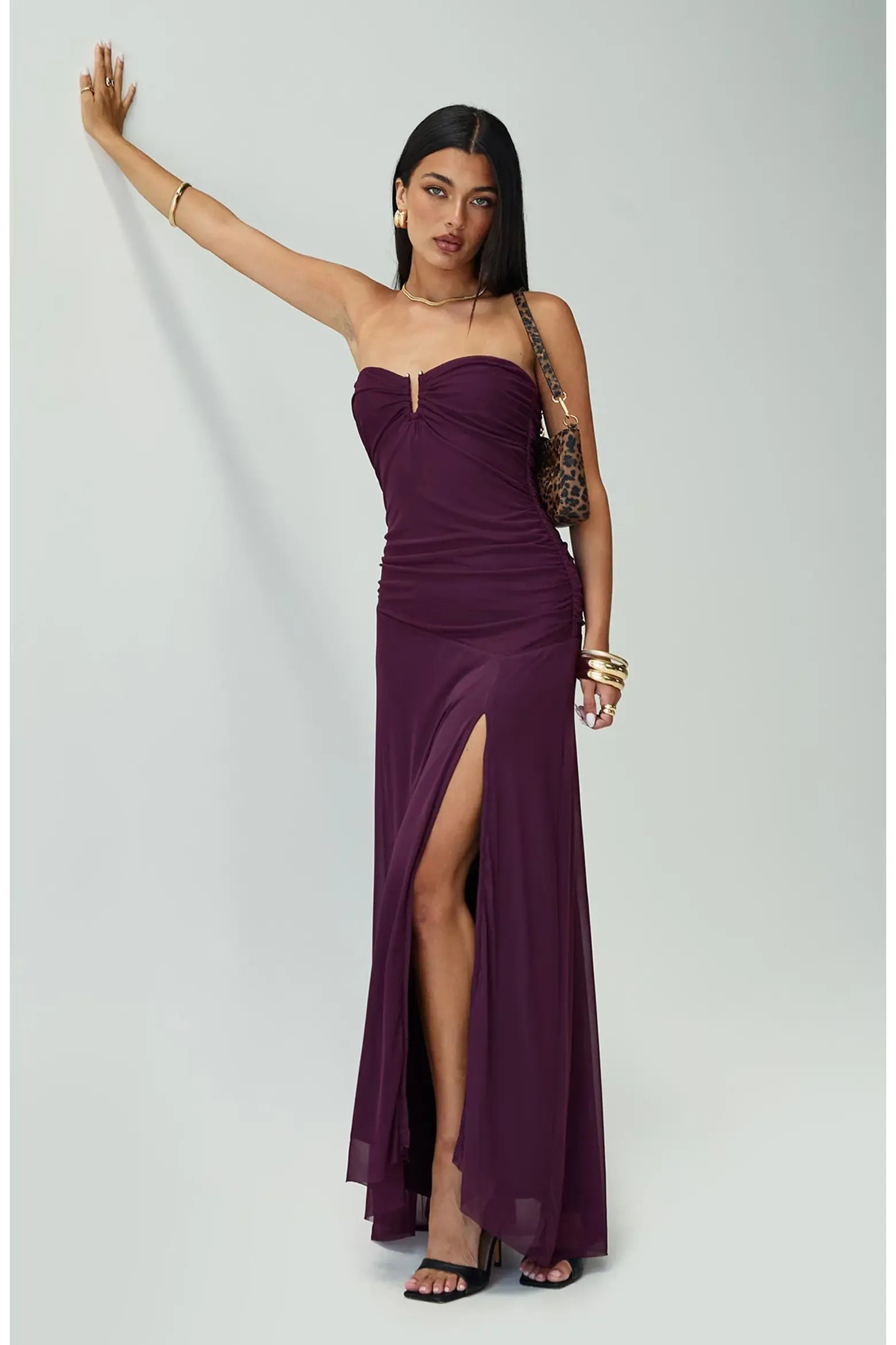 Slimming Strapless Keyhole Ruched Mesh Overlay Thigh Slit Floor-Length Maxi Evening Dress