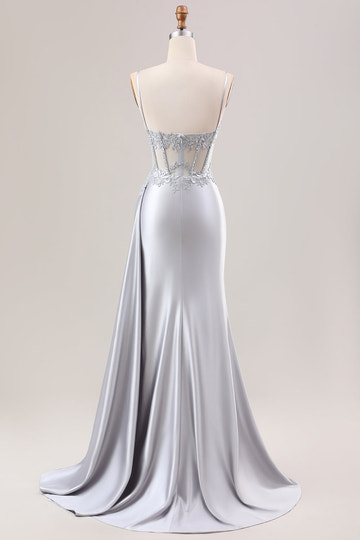 Vestido de Noche de Satén Sedoso para Mujer, sin Tirantes, con Cuentas, Brillos, Corte Sirena, Corsé Largo y Abertura para Fiesta de Graduación