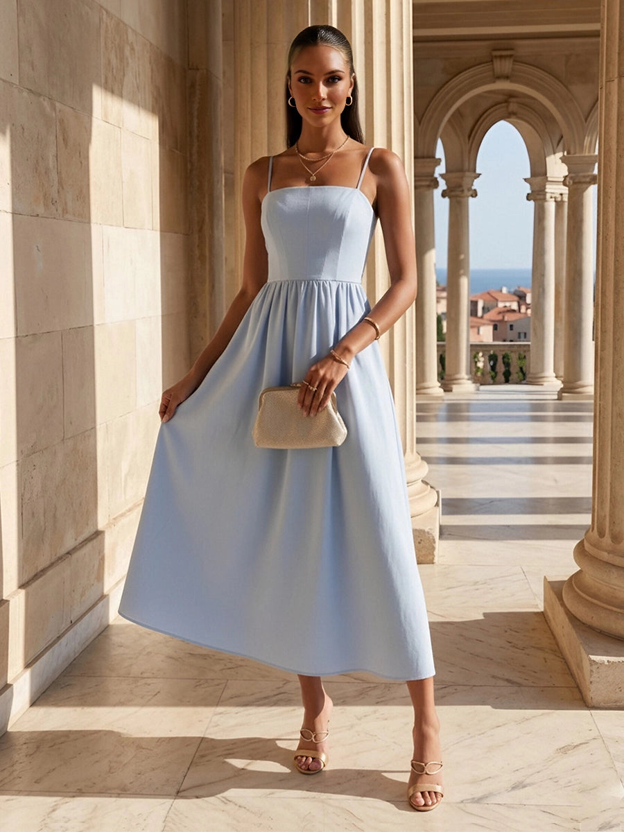 vedress light blue plus size bridesmaid dress square neck spaghetti strap a line midi gown