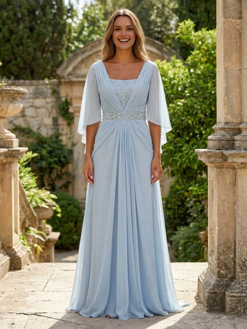 vedress sky blue chiffon floor length wedding guest dress square neck flutter sleeve beaded a line gown