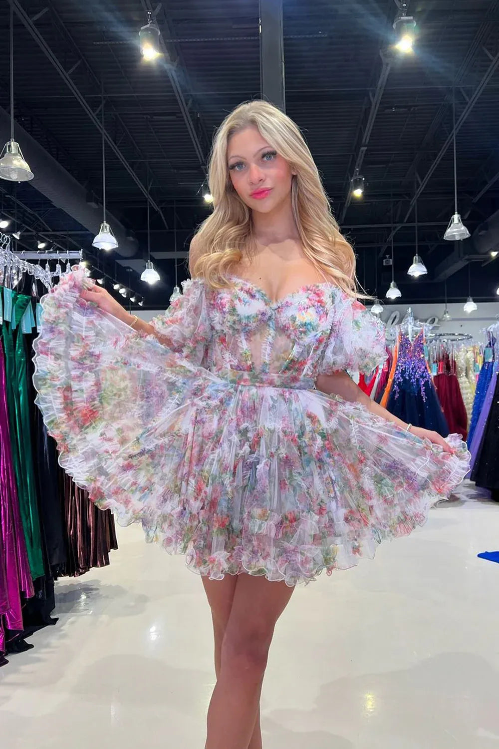 Soft Floral A-line Off Shoulder Puff Sleeve Lace Up Mini Homecoming Dress