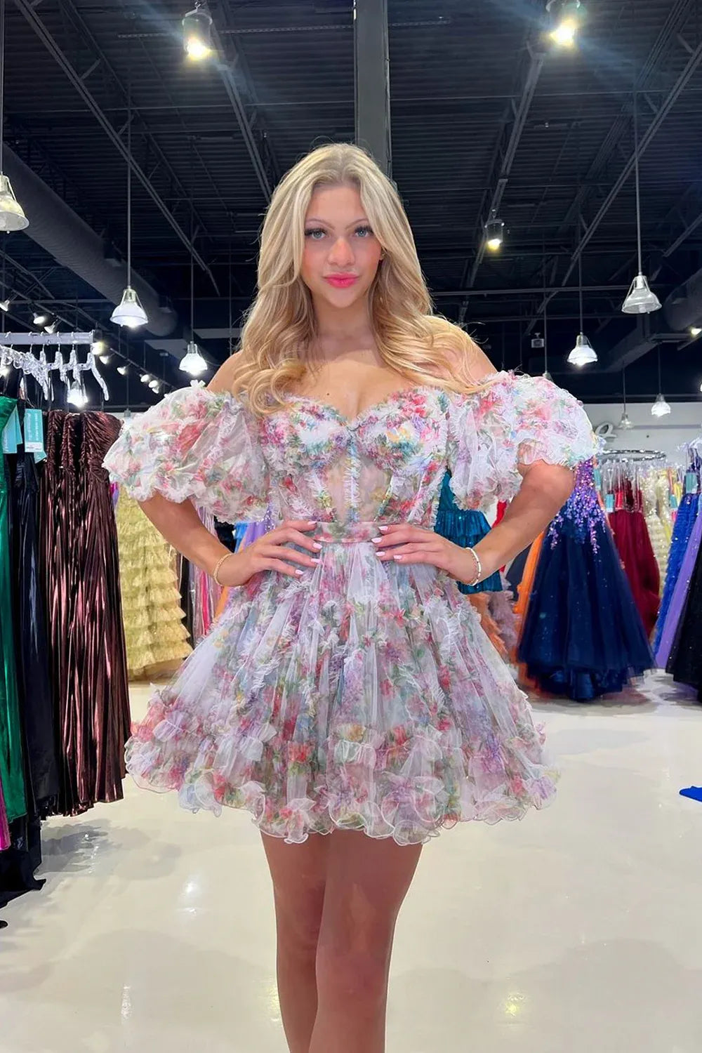Soft Floral A-line Off Shoulder Puff Sleeve Lace Up Mini Homecoming Dress