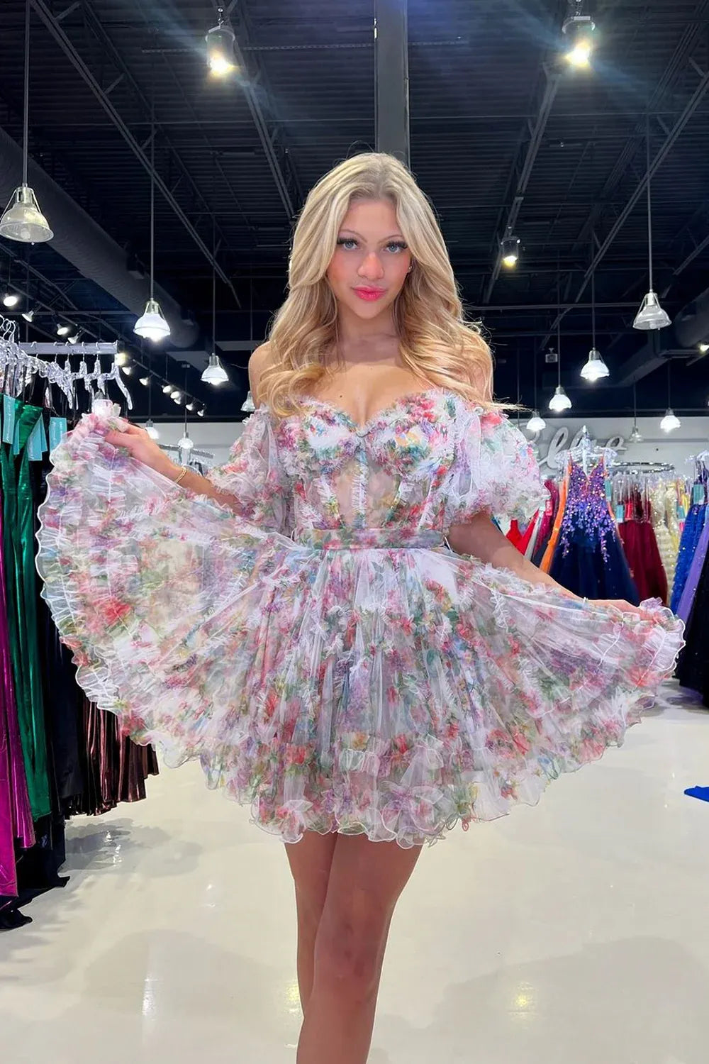 Soft Floral A-line Off Shoulder Puff Sleeve Lace Up Mini Homecoming Dress