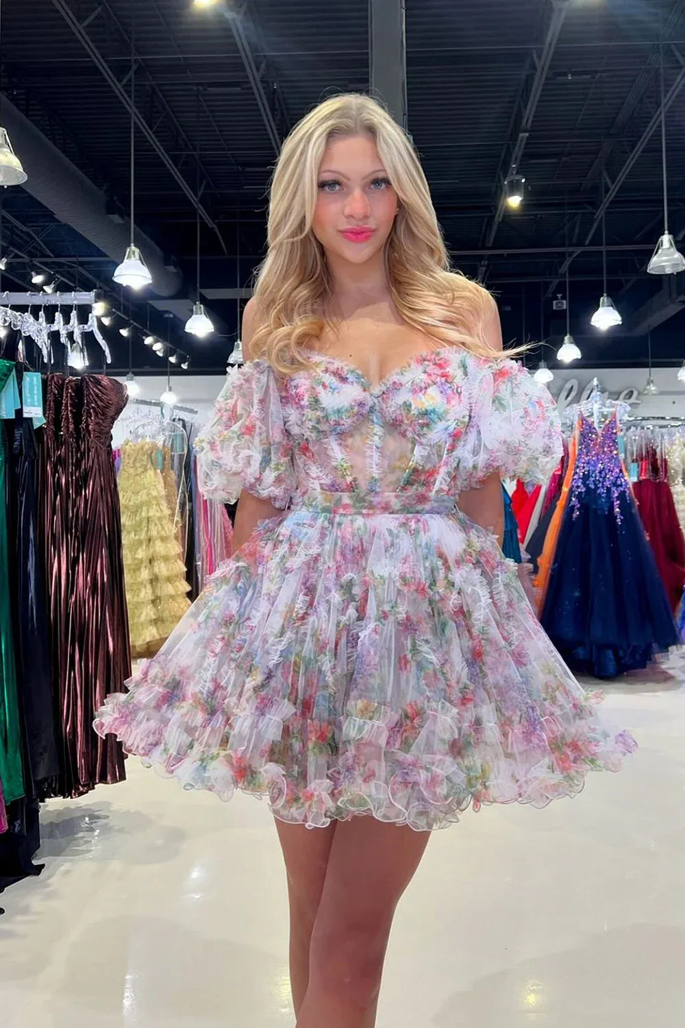 Soft Floral A-line Off Shoulder Puff Sleeve Lace Up Mini Homecoming Dress