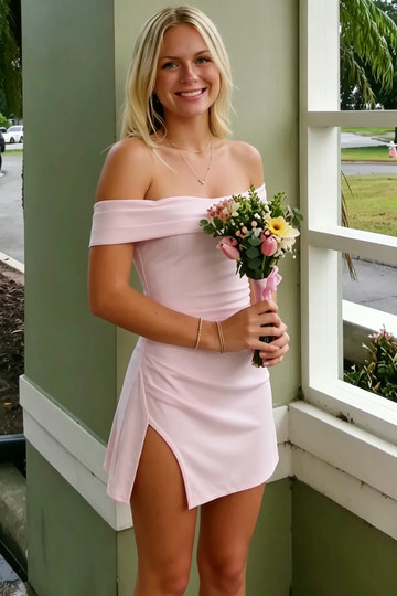 Soft Knit Bodycon Off Shoulder Side Slit Plain Zip Back Mini Homecoming Dress