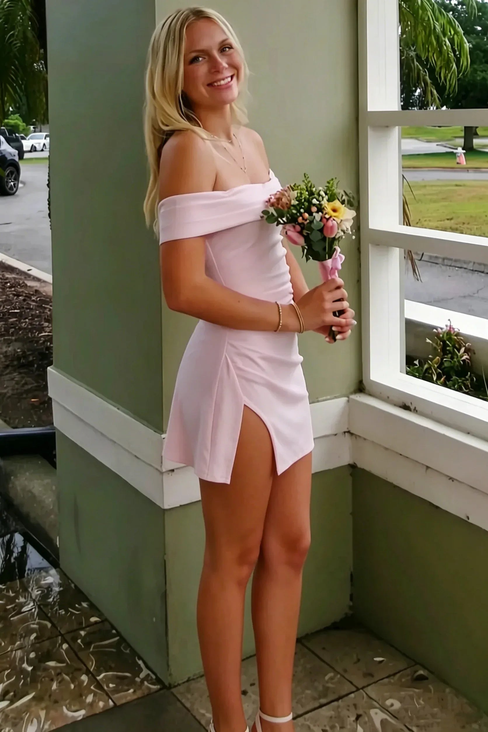 Soft Knit Bodycon Off Shoulder Side Slit Plain Zip Back Mini Homecoming Dress