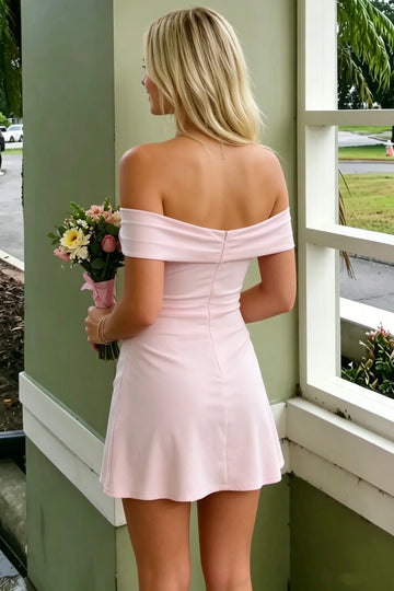 Soft Knit Bodycon Off Shoulder Side Slit Plain Zip Back Mini Homecoming Dress